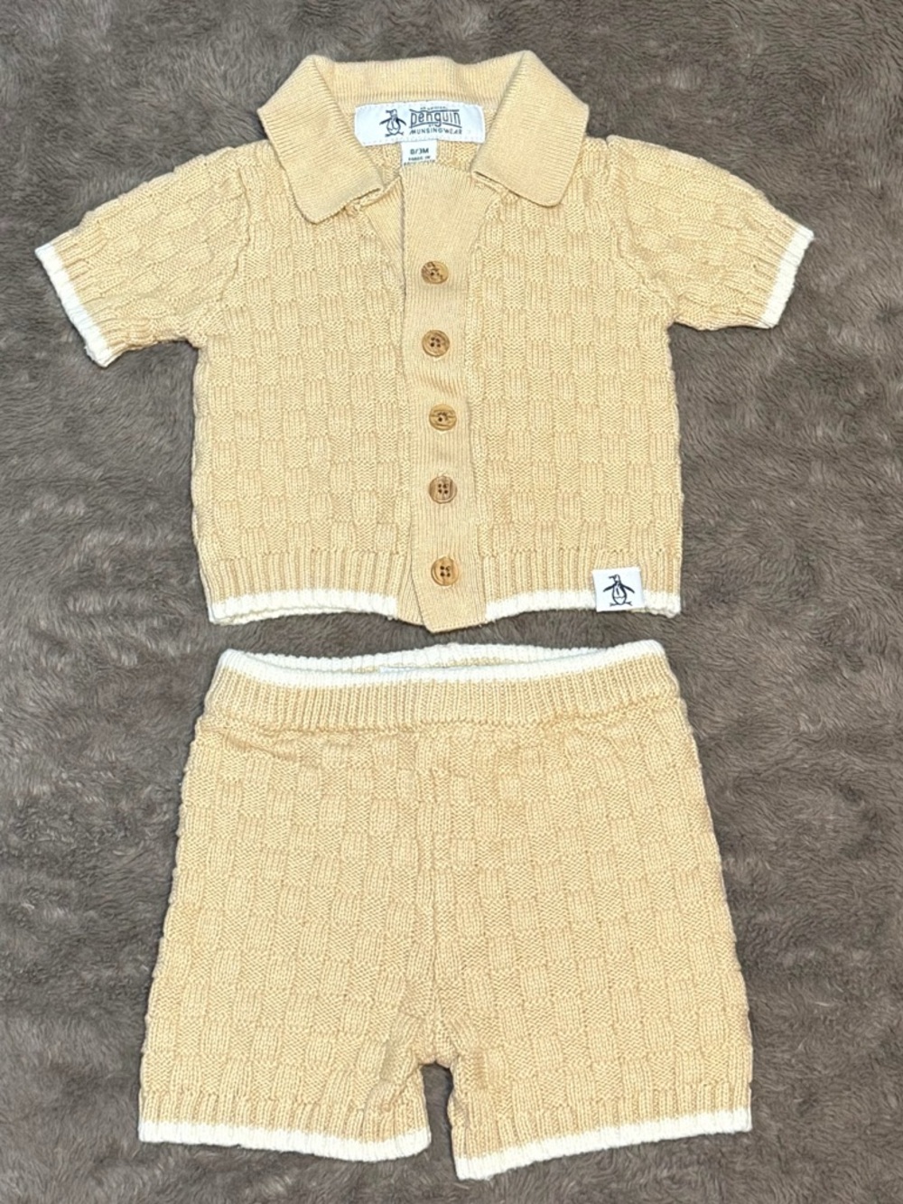 Penguin by Munsingwear - Baby Boys’ Tan/Cream Cotton Knit Polo & Short Set, 0-3m